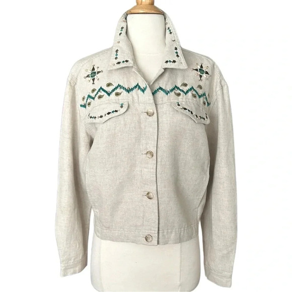 Vintage Y2K Embroidered Cropped Linen Blend Western Shirt Jacket Size Large - Picture 2 of 16
